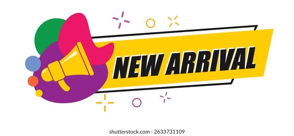 megaphon with new arrival template, business design, marketing, announcement, discount, cashback. creative banner. editable vector eps 10.