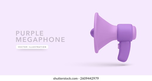 Megaphone In 3D Cartoon Style On Soft Purple Background With Minimal Text Layout. Ideal For Marketing, Advertising, And Creative Projects. Trendy And Modern Look. Vector Illustration.