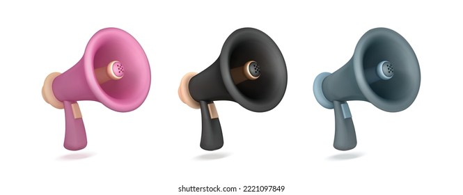conjunto de iconos 3d megáfono. Ilustración 3d del vector del megáfono blando, negro y azul.