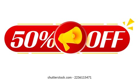 Megaphone with 50 percent off on white background. Megaphone banner. Web design. Vector