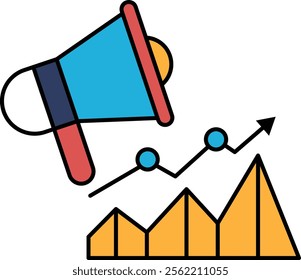 A megaphone is above a graph with a line going up