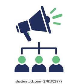 A megaphone addressing a crowd of people, symbolizing public speaking, communication, and leadership.