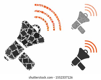 Megaphone ads mosaic of unequal items in variable sizes and color tints, based on megaphone ads icon. Vector joggly items are organized into mosaic. Megaphone ads icons collage with dotted pattern.