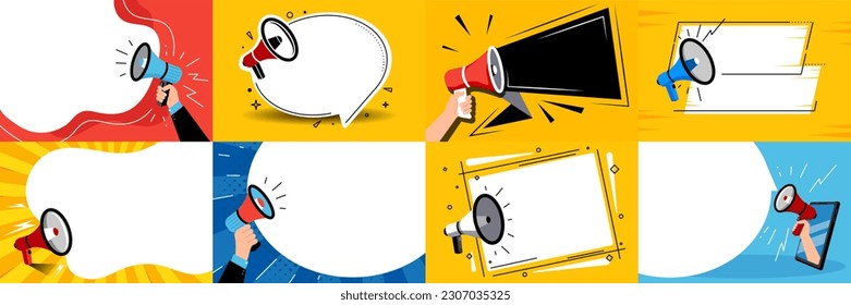 Megaphone for advertisement speech symbol. Mega set 8 in 1
