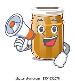 With megaphone almond butter in a character jar