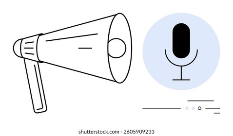 Megaphone amplifying sound next to a microphone stand symbol in light blue circle. Ideal for announcements, broadcasting, public speaking, media, marketing, communication strategies, voice recording