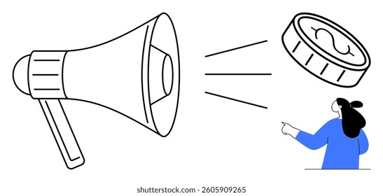 Megaphone amplifying sound towards a dollar coin next to a person pointing. Ideal for business, advertising, marketing, financial communication, and promotional campaigns. Simple design style