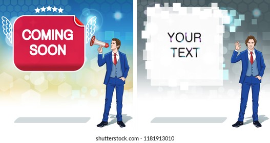 Megaphone announce banner template. Advertisement concept clipart. Business invitation cards. Colorful cartoon characters. Vector illustration. 