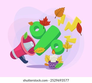 Megaphone announcement about autumn discounts vector illustration. Huge percent sign, autumn leaves, burning candle. Sale, shopping, promotion, advertising concept. Can be used for poster, banner desi