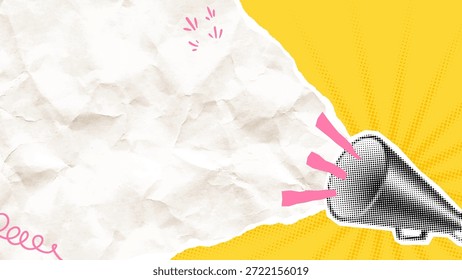 Megaphone Announcement Background with Copy Space, Paper Texture, Halftone Dots and Bright Yellow Pop Art Style for Marketing, Promotion and Message Design. Vector Illustration