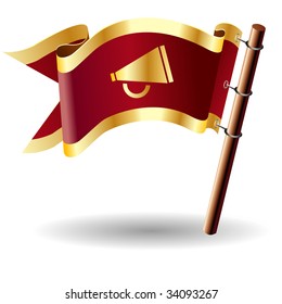 Megaphone or announcement icon on red and gold vector flag good for use on websites, in print, or on promotional materials