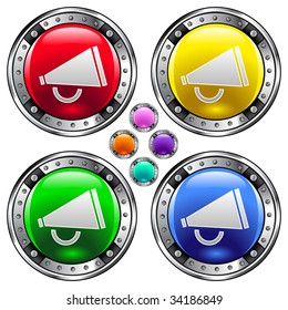 Megaphone or announcement icon on round colorful vector buttons suitable for use on websites, in print materials or in advertisements.  Set include red, yellow, green, and blue versions.