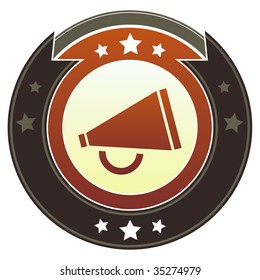 Megaphone or announcement icon on round red and brown imperial vector button with star accents suitable for use on website, in print and promotional materials, and for advertising.