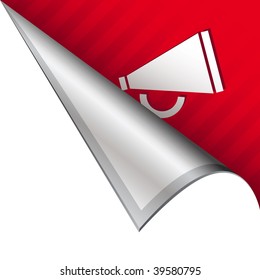 Megaphone or announcement icon on vector peeled corner tab suitable for use in print, on websites, or in advertising materials.