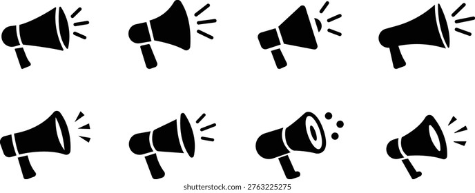 Megaphone announcement icon set, Loudspeaker marketing and promotion symbols, Public announcement speaker silhouette collection