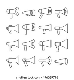 Megaphone, announcement, loudspeaker, thin line vector icons. Linear speaker for radio broadcasting illustration