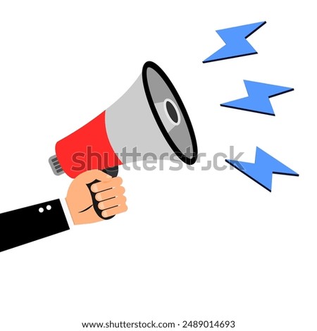 megaphone announcement message, announcement megaphone, Hand holds a megaphone on a white background. Concept of hiring, advertising, attention something. Banner.