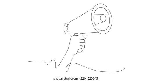 Megaphone announcement, One continuous single line drawing of hand hold horn isolated on white background.