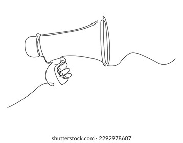 Anuncio de megáfono, un contínuo dibujo de una sola línea de la mano sostiene la bocina aislada sobre fondo blanco.