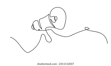 Anuncio de megáfono, un contínuo dibujo de una sola línea de la mano sostiene la bocina aislada sobre fondo blanco.
