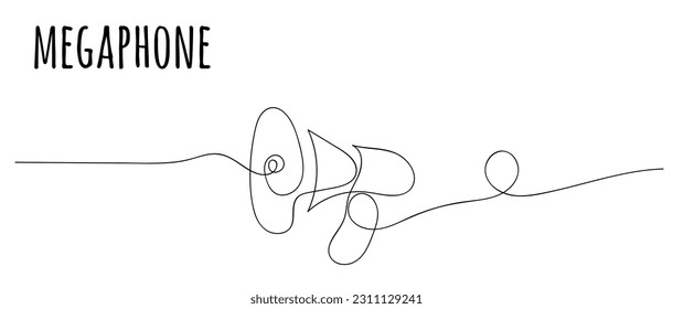 Megaphone announcement, One continuous single line drawing of hand hold horn isolated on white background.	