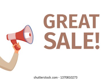 Megaphone announcement vector cartoon style illustration speech bubble. Hand holding loudspeaker attention with important information, advertisement, sale design concept. Design text template.    