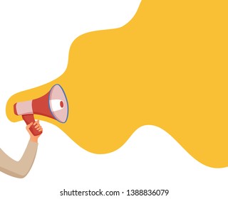 Megaphone announcement vector cartoon style illustration speech bubble. Hand holding loudspeaker attention with important information, advertisement, sale design concept. Design text template.    