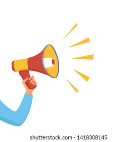 Megaphone announcement vector cartoon style illustration  with speech bubble. Hand holding loudspeaker attention with important information, advertisement, sale design concept. Design text template.  