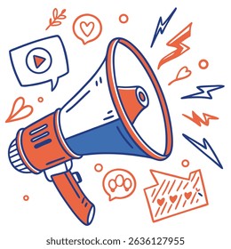 A megaphone announces exciting news with love and lightning bolt symbols