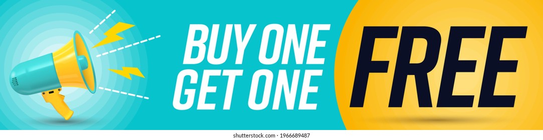Megaphone announcing buy one get one free special gift. Banner with great offer of guarantee retail bonus for shopping vector illustration. Save money with economy purchase promotion svg