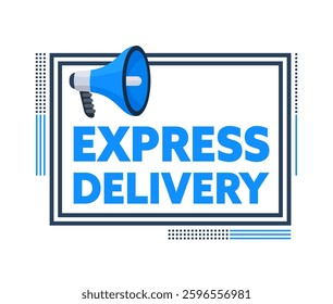 Megaphone announcing express delivery with a frame and geometric shapes