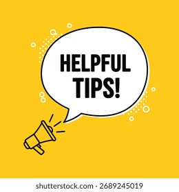 Megaphone anunciando dicas úteis com uma bolha de fala em uma vibrante comunicação de fundo amarela.