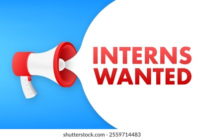 Megaphone announcing interns wanted on blue background