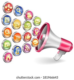 Megaphone with application icons, vector isolated on white background, you can change the color in one click, vector