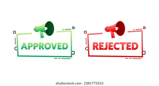 Megáfono con banner de burbuja de habla aprobado y rechazado. Etiqueta de promoción y publicidad. Ilustración de material vectorial