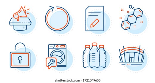 Megaphone, Arena stadium and Washing machine signs. Lock, Edit document and Water bottles line icons set. Loop, Chemical formula symbols. Private locker, Page with pencil. Business set. Vector