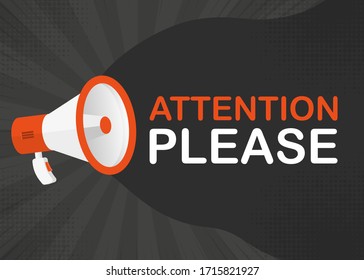 Megaphone ATTENTION PLEASE with blue objects on gray pop background. Vector illustration.