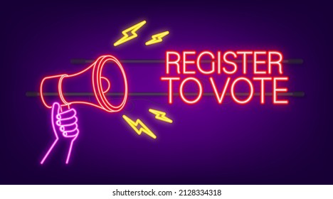 Banner Megaphone con Registro para votar. Icono de Neon. Ilustración del vector