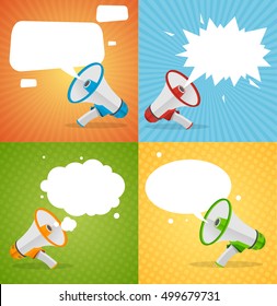 Megaphone Banners Bubbles Speech. Pop Art Style. Vector illustration of Loud Speaker icon Set, Bullhorn Flat Speak concept. Flat Alarm Concept Comic