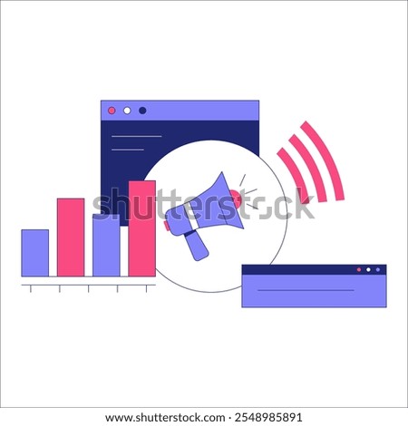Megaphone With Bar Graphs And Online Screens In Flat Vector Illustration Symbolizing Digital Marketing, Advertising Campaigns, And Online Analytics, Isolated On White Background