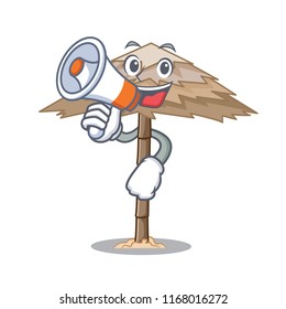 With megaphone beach shelter buildings with palm cartoon