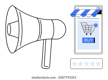 Megaphone beside a mobile phone screen displaying an online shopping cart with a buy button and three notifications. Includes a five-star rating system. Ideal for ecommerce, online marketing, digital