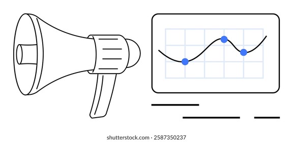 Megaphone beside a screen displaying a line graph with data points. Ideal for marketing, business strategy, analytics, communication, advertising campaigns, digital marketing, presentations. Banner