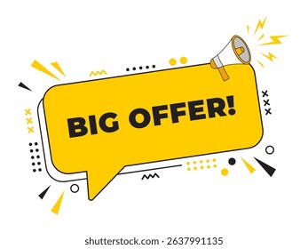 Megaphone with a Big Offer message inside a speech bubble banner. Ideal for use in business, marketing, and advertising