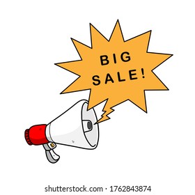 Megaphone with big sale caption, hand drawn vector illustration of a megaphone announcing big sale event
