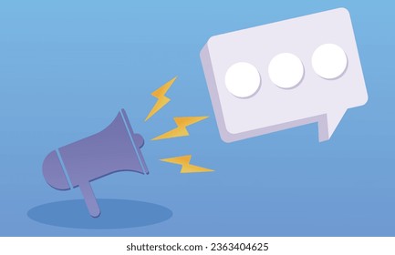 Megáfono con el chat Blank Bubble aislado. Hacer Realista El Megáfono Plástico. Bullhorn moderno o altavoz de alta velocidad.sobre fondo azul.Ilustración de diseño de vectores.
