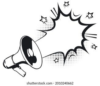 Megaphone with blank speech bubble and empty copy space for text. Template for ad and business. Black and white vector illustration isolated on white background 