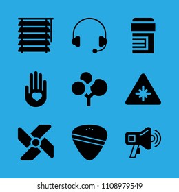 megaphone, blind, plant, windmill, pills, laser, guitar pick, heart on the palm and headphones vector icon. Simple icons set