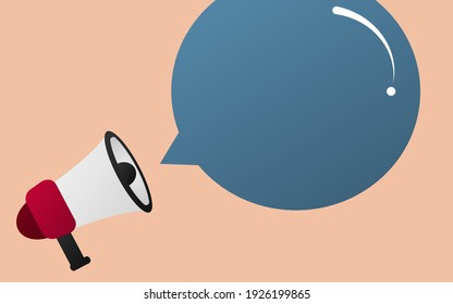 Megáfono con globo azul charla sobre fondo naranja. copiar espacio para texto. ilustración vectorial. concepto de negocio y finanzas.