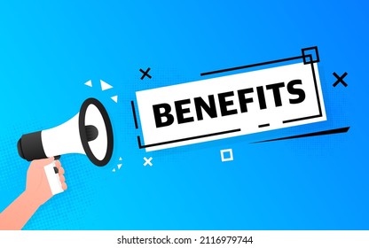 Megaphone blue banner with benefits sign. Vector illustration